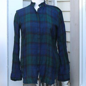 LOFT Black Watch Plaid Lightweight Cotton High Neck Ruffle Blouse Sz SMALL